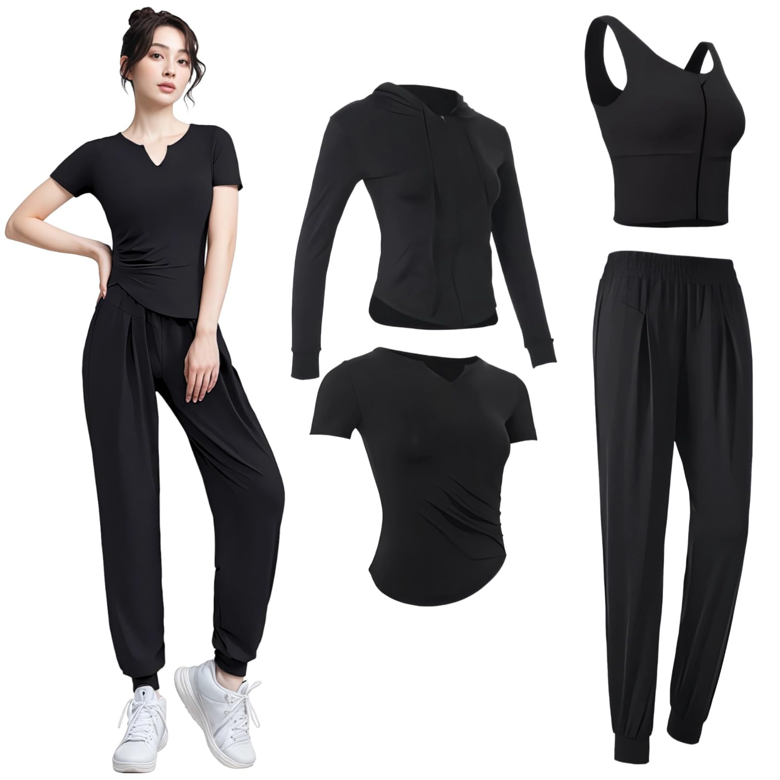 Conjunto de entrenamiento de 4 piezas para mujer, tallas S a XXL, tela transpirable que absorbe el sudor para gimnasio y yoga, incluye chaqueta de manga larga, camiseta de manga corta, brasier