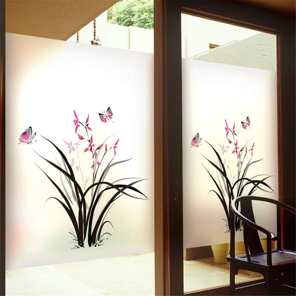 Xijier Window Film Privacy Glass Film Non-Adhesive Frosted Static Cling Home Office Orchid Butterfly Decorative Stickers for Bathroom Door Coverings 50x120cm(19.7