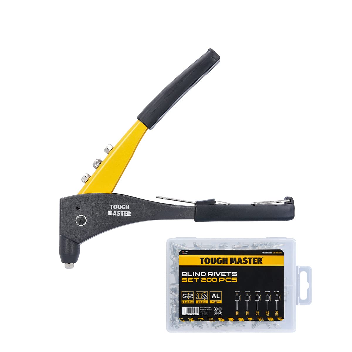 TOUGH MASTER Rivet Gun 4-in-1 Robust Professional Riveter Tool 4 Head Nozzles 3/32" (2.4mm) 1/8" (3.2mm) 5/32" (4mm) 3/16" (4.8mm) 2-Jaw Mechanism Complete River Set 200 Rivet Nuts Rivet Gun Wrench