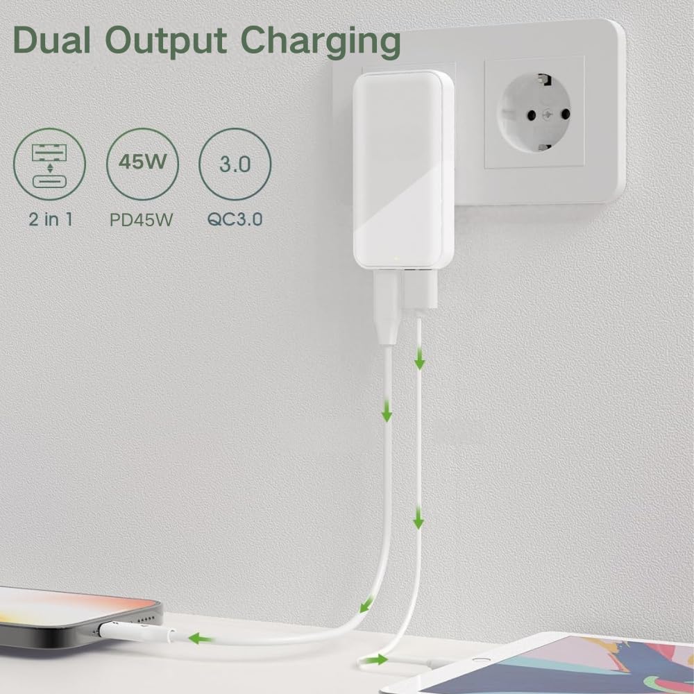 Ładowarka USB C 45 W, płaska ładowarka ścienna USB, ultra cienki adapter zasilający do iPhone 14 15 16 17 Pro/Max Samsung Galaxy, PD Szybka moc zasilania z USB-C USB-A, doskonała kompatybilność