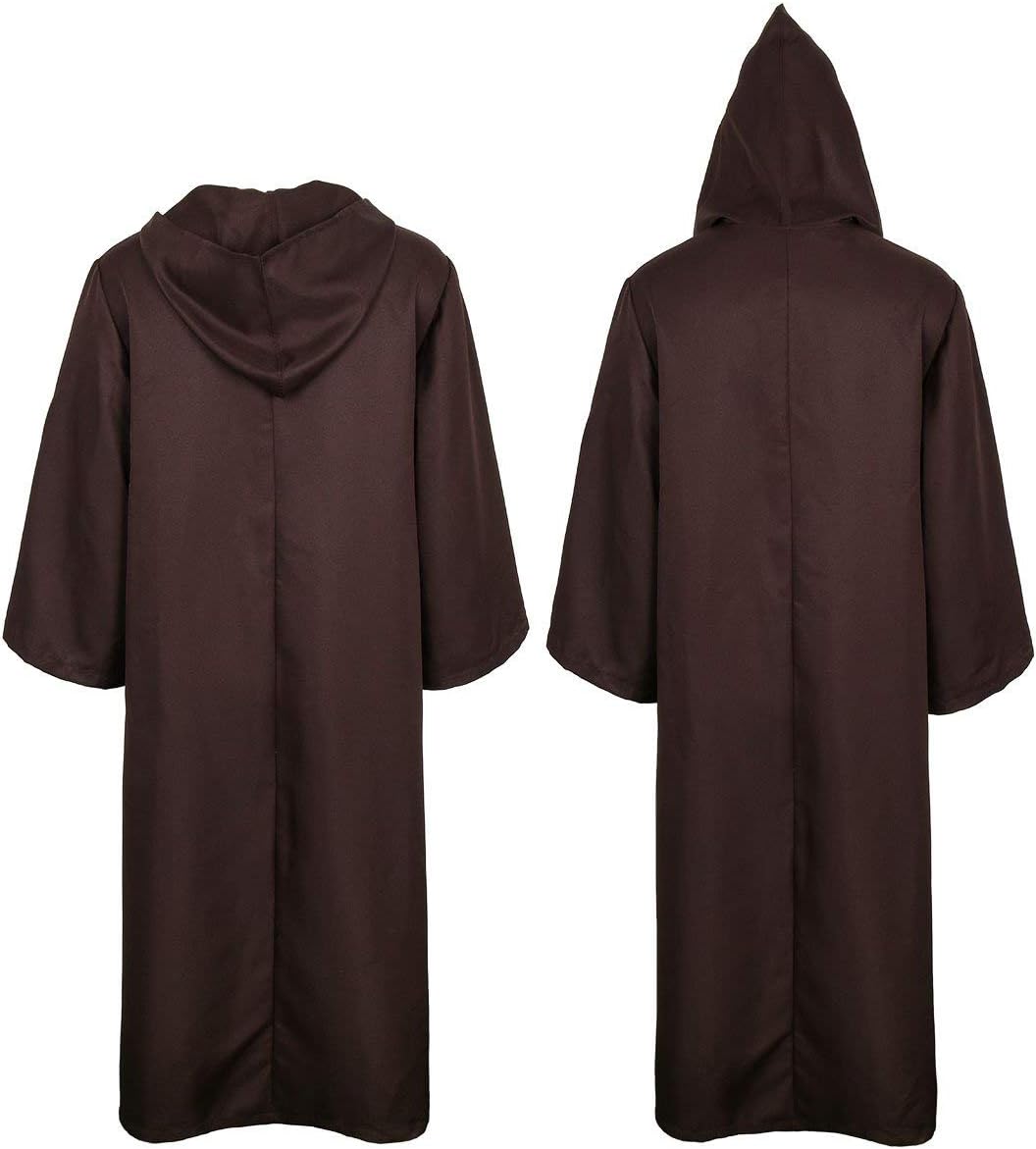 Men Tunic Hooded Robe Cloak Knight Gothic Fancy Dress Halloween Masquerade Cosplay Costume Cape (L, Adult Brown) - Image 2