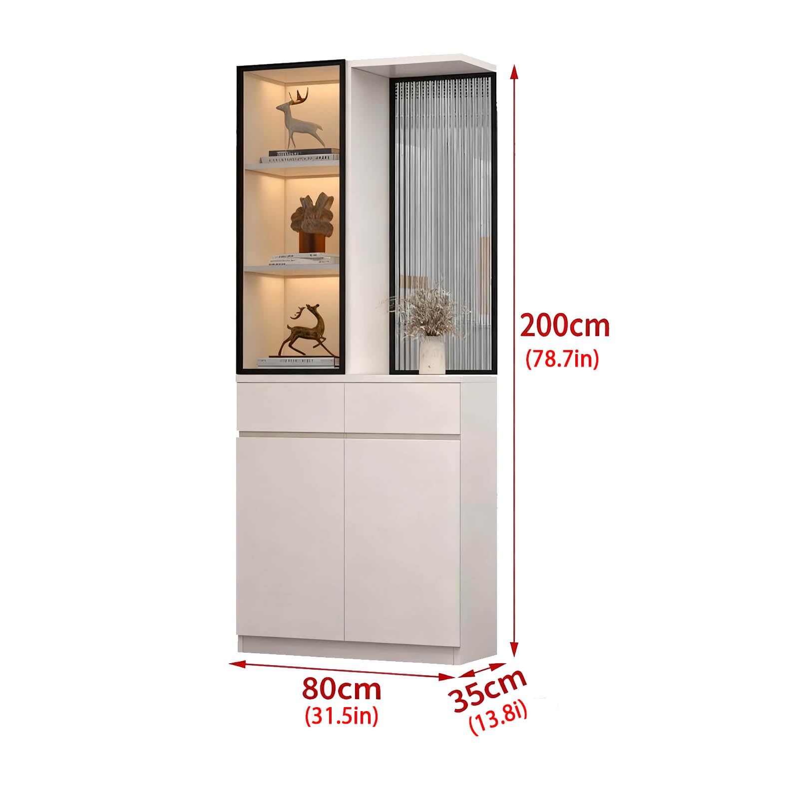 Colonne de séparation de 200 cm de Haut avec Verre trempé Opaque, cloison Murale en Bois du Sol au Plafond avec Espace de Rangement, aux entrées, aux Bureaux et Autres lieux.(A,80cm/31.5in)