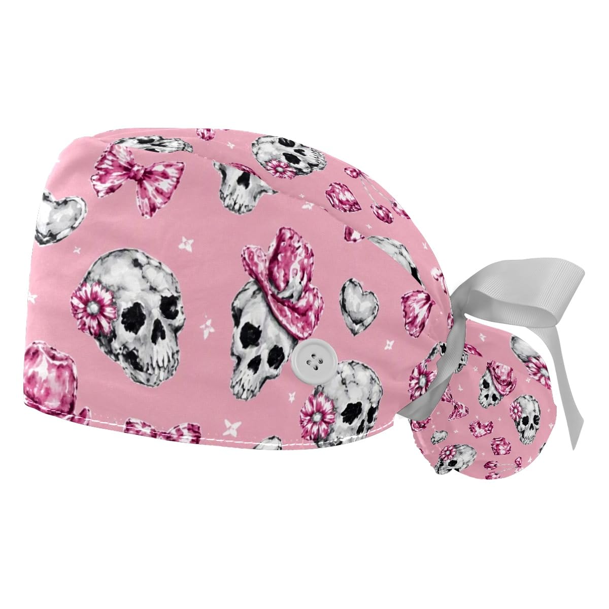 2 PCS Bouffant Cap with Button Ponytail Pouch Working Cap Sweatband Adjustable Surgical Cap Black and White Cow