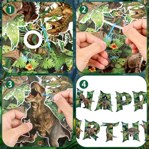Image of Hooqict Happy Birthday Banner Dinosaur Birthday Decorations with 15Pcs Dinosaur Hanging Swirl Ceiling Streamers for Kids Boys Jungle Safari Green Dino Themed Party Decorations Supplies