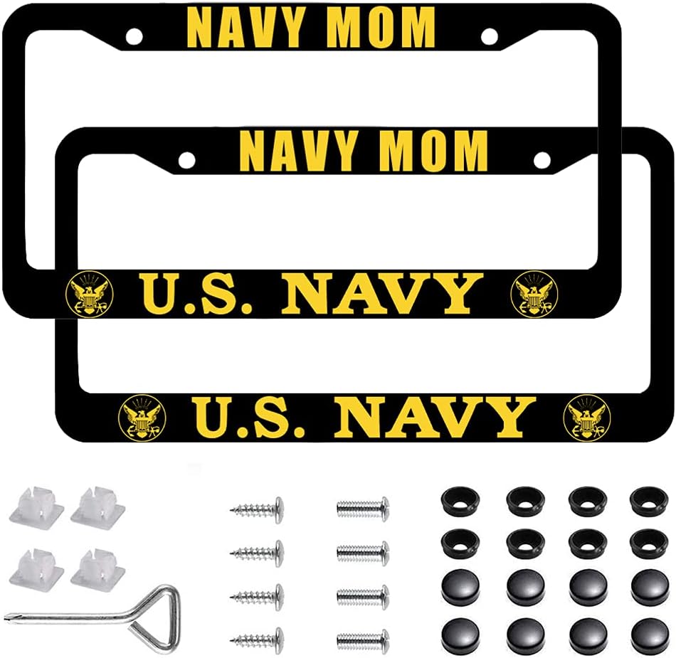 FASHIONFRAME 2Pcs Navy Mom License Plate Frame-Navy Mom License Plate Cover -Black Aluminum-12.5' x 6.5' Navy Mom License Plate Holder