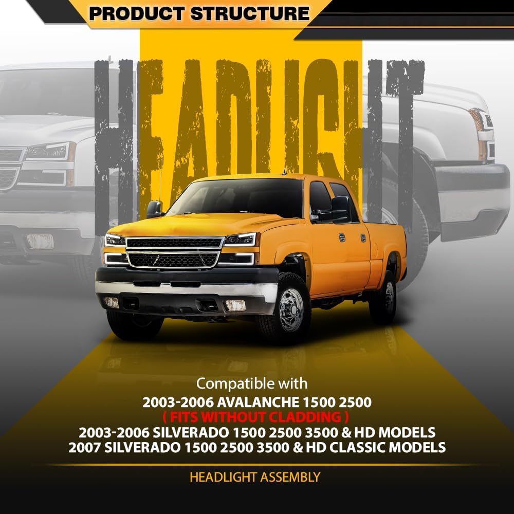 CNNELL Bumper LED Headlights Lamps Assembly Compatible with 2003-2006 Chevy Avalanche/Silverado 1500 2500 3500&HD Driver and Passenger Side, Smoky Lens Black Housing Amber Reflector
