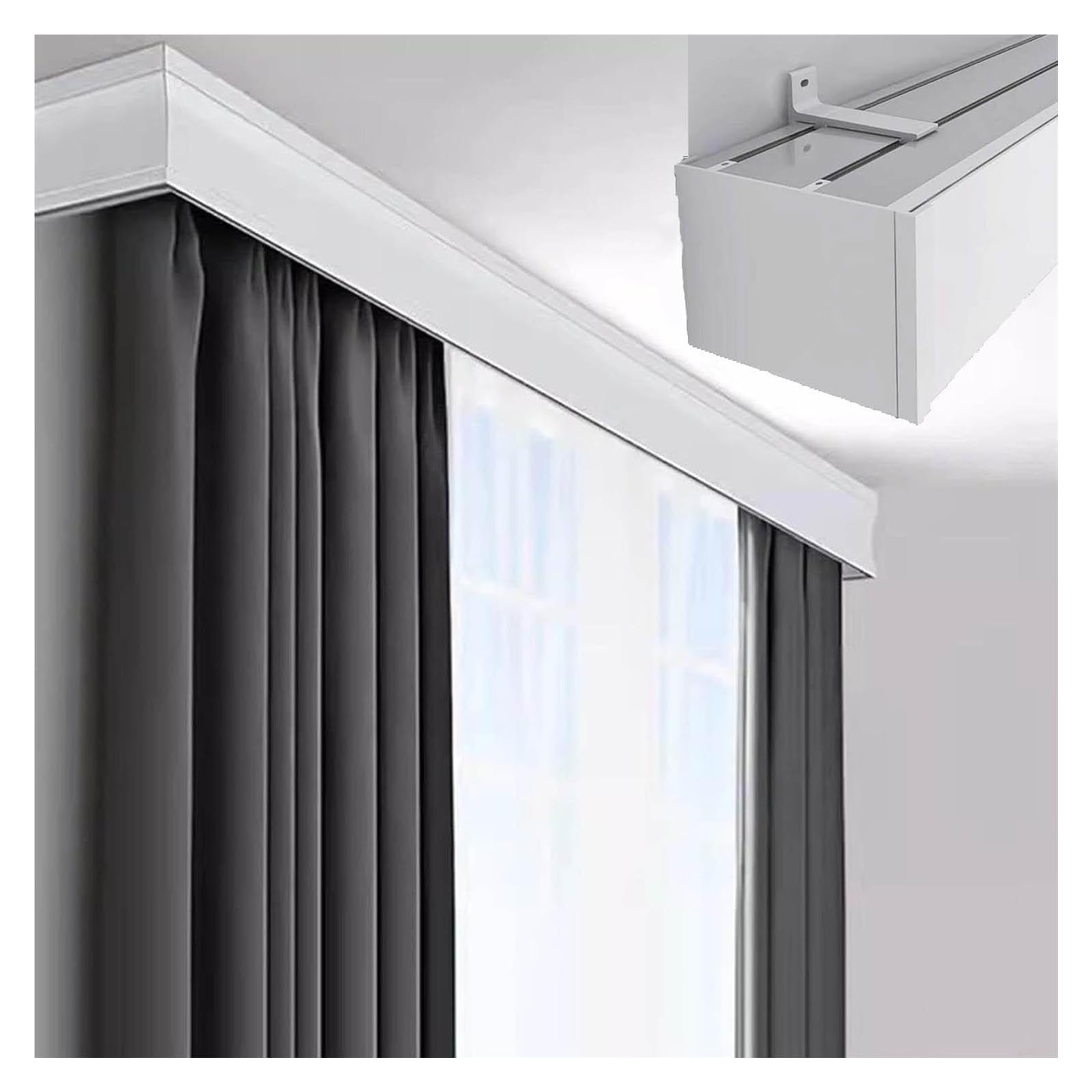 Boîte à rideaux murale blanche avec double voie, support de tringle à rideau 3 en 1 pour baie vitrée, tringles de séparation de pièce robustes (110 cm)
