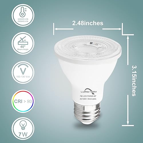Miniatura 10 de LumStory Paquete de 12 bombillas LED PAR20 de 5000 K, luz diurna blanca, regulable, 7 W, 600 lúmenes, 50 W, 60 W, equivalente a halógeno, foco E26,