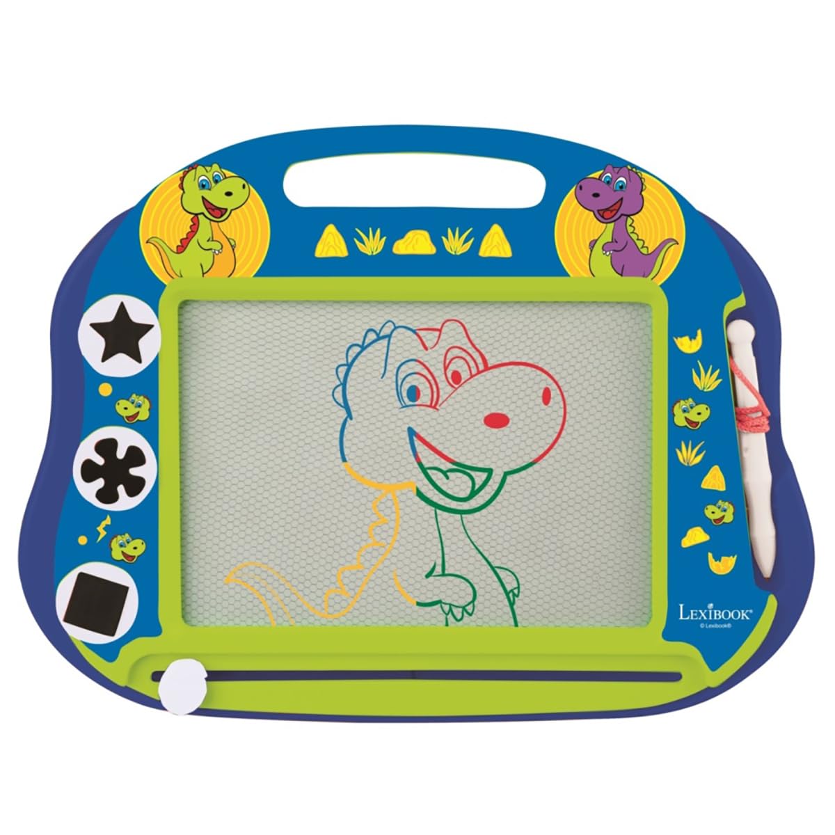 LEXIBOOK, Dinosaur, Multicolor Magic Magnetic Drawing Board, Artistic Creative Toy for Girls and Boys, Stylus Pen and Stamps, Blue, CRDINO550LXB