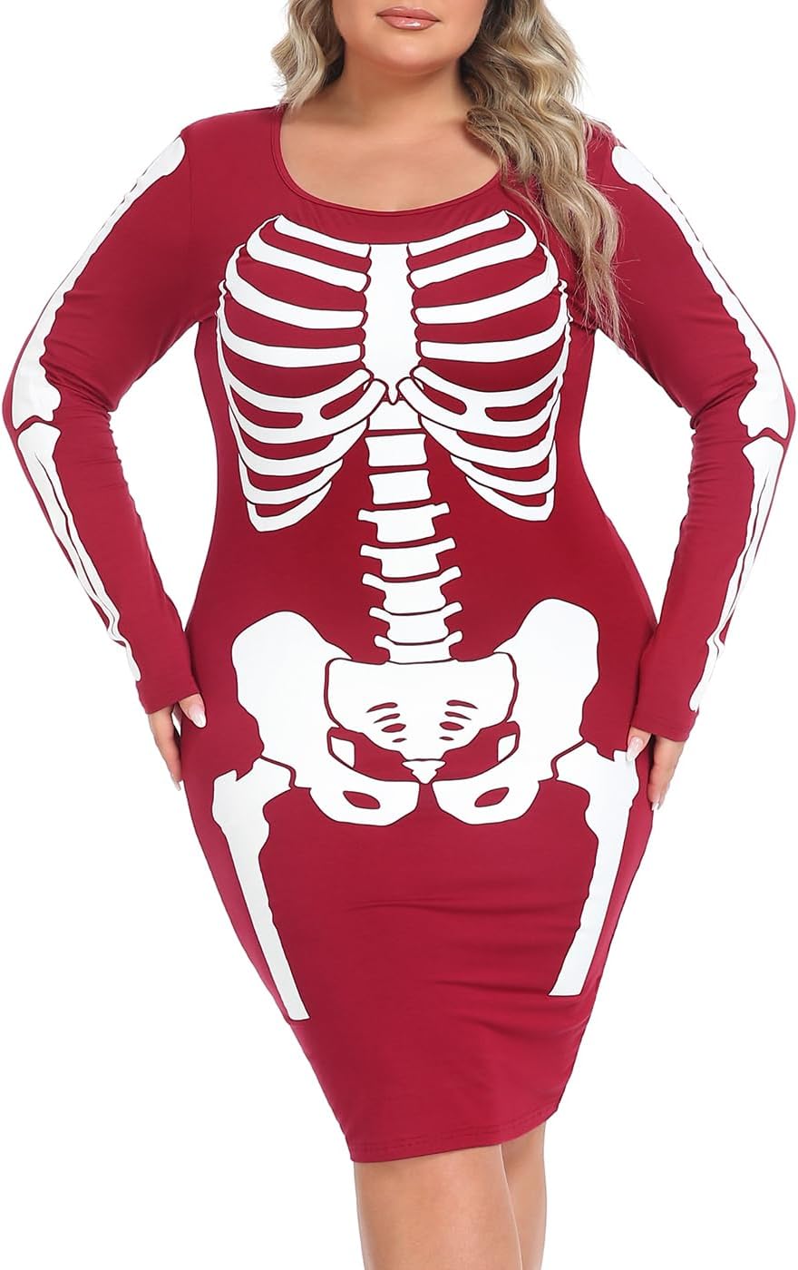 HDE Womens Plus Size Skeleton Dress Fun Spooky Halloween Costume Stretchy Long Sleeve Midi Bodycon Dress Fitted Party Outfit