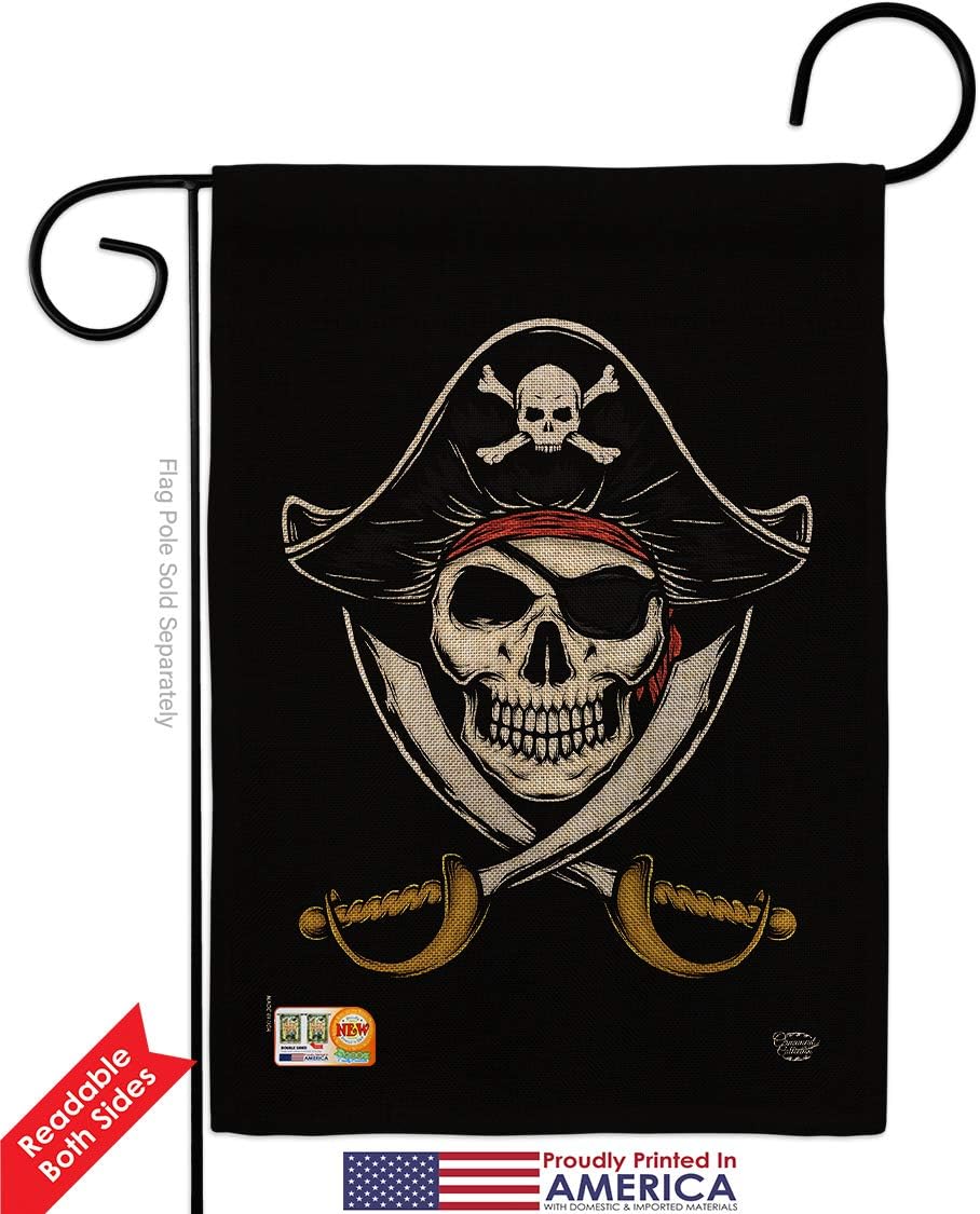 Pirates Burlap Burlap Garden Flag Coastal Pirate Ship Skull Treasure Map Carribean Jolly Blackbeard Jack Small Decorative Gift Yard House Banner Double-Sided Made In USA 13 X 18.5