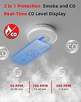 Vista 3 de 10-Year Sealed Battery 2-in-1 Smoke & Carbon Monoxide Detector Alarm CO & Smoke Alarm Detector with Backlit LCD Display & V-0 Flame-Retardant