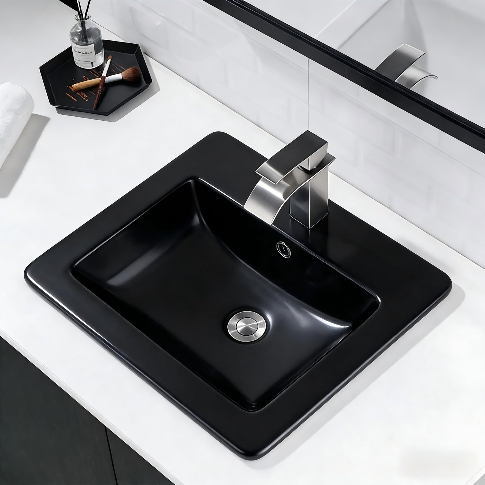 Lavabo en Céramique Noir Mat, 53 x 46 cm, Rectangle, Vasque à Encastrer Moderne, Lavabo de Comptoir avec Trou pour Robinet,Trop-Plein et Bonde de Vidange Escamotable en Acier inoxydable, Salle de Bain