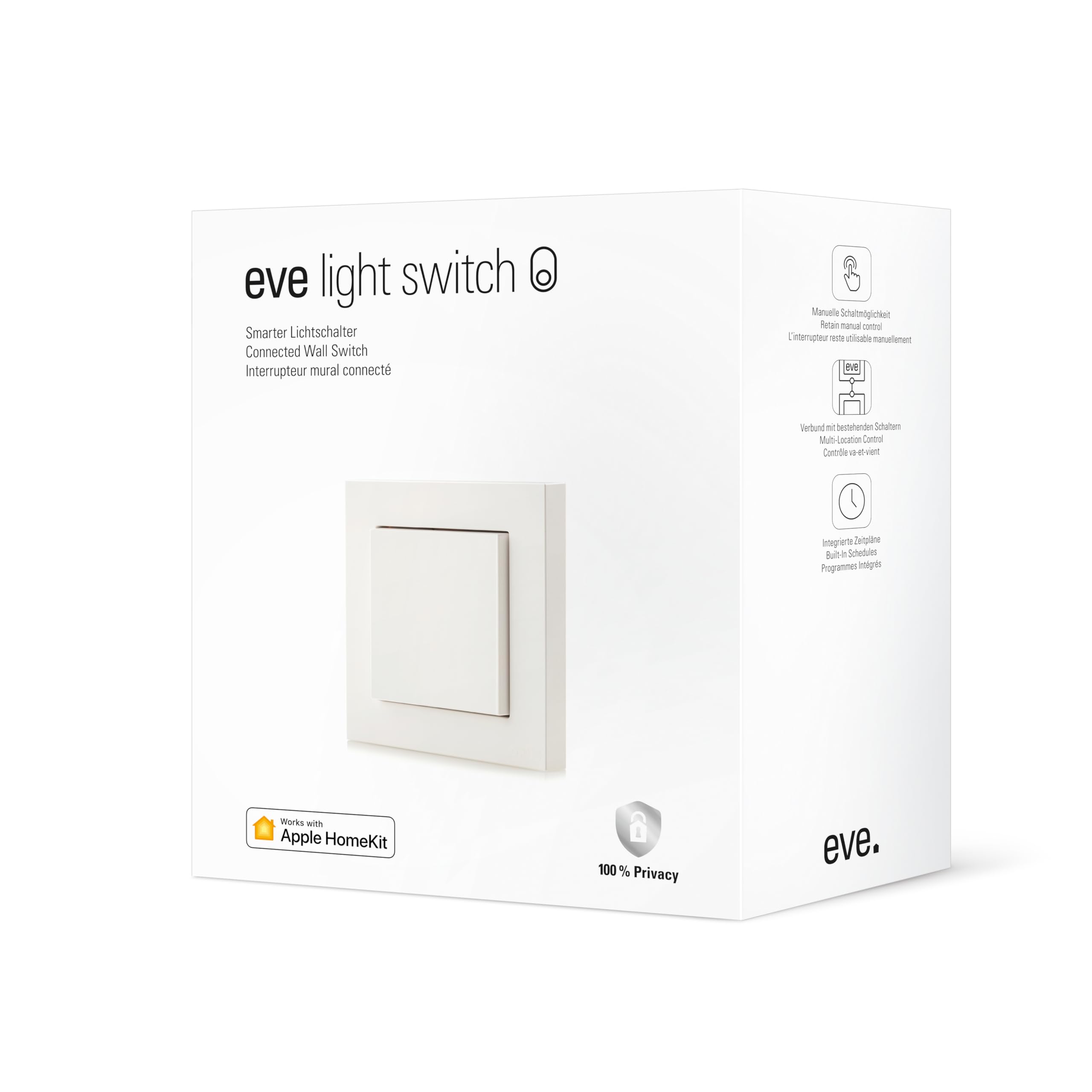 Eve Light Switch (Apple Home) – Smarter Lichtschalter | Einfach-, Wechsel- & Kreuzschaltung, 55er-Schalter, Siri & App & Zeitpläne, keine Bridge nötig, Bluetooth, Thread
