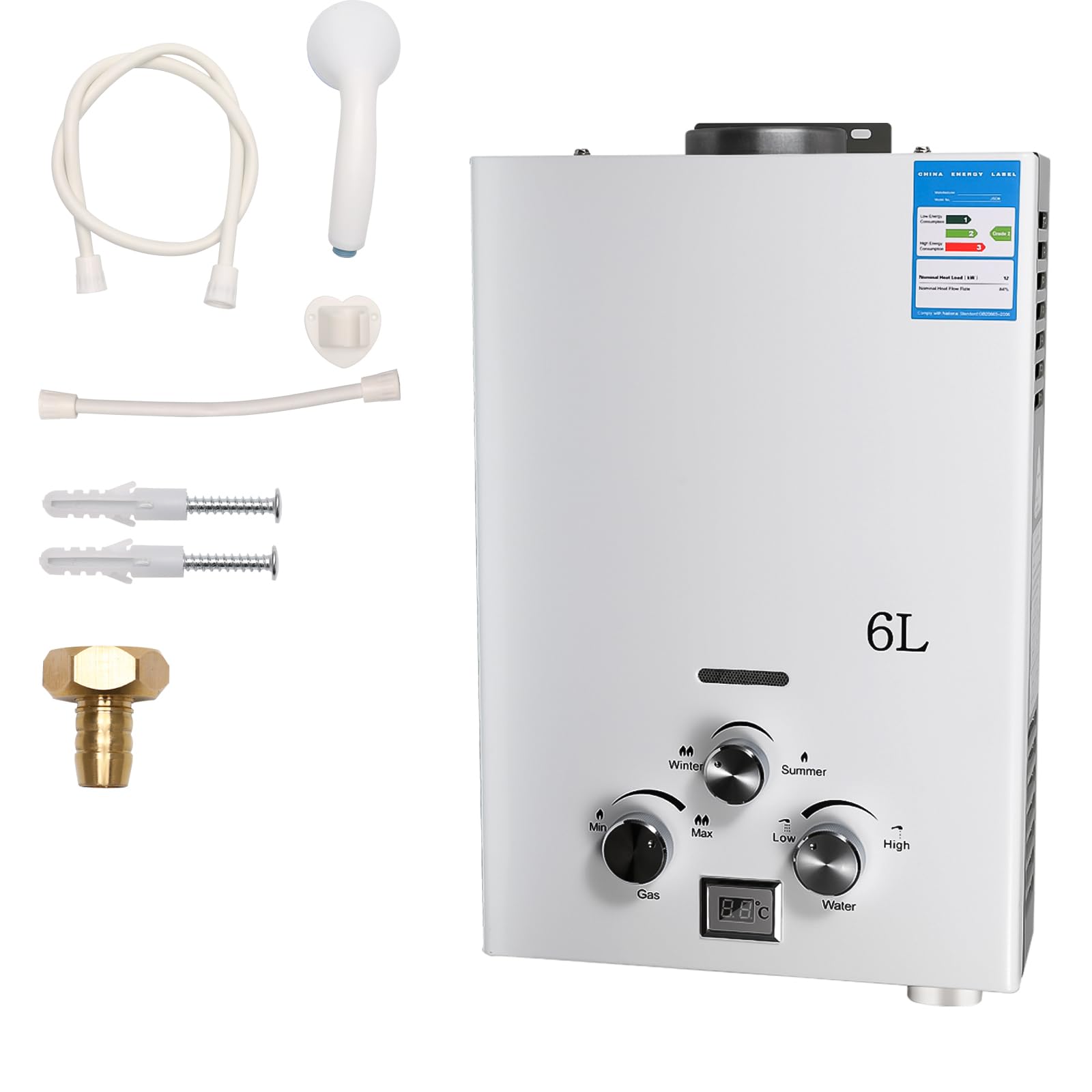 Calentador de Agua a Gas, Calentador de Agua a Gas Instantáneo 12kW LPG GPL al Butano Propano Modos Invierno Y Verano, Protección Contra Sobrecalentamiento, Con Alcachofa de Ducha Y Fontanería (6L)