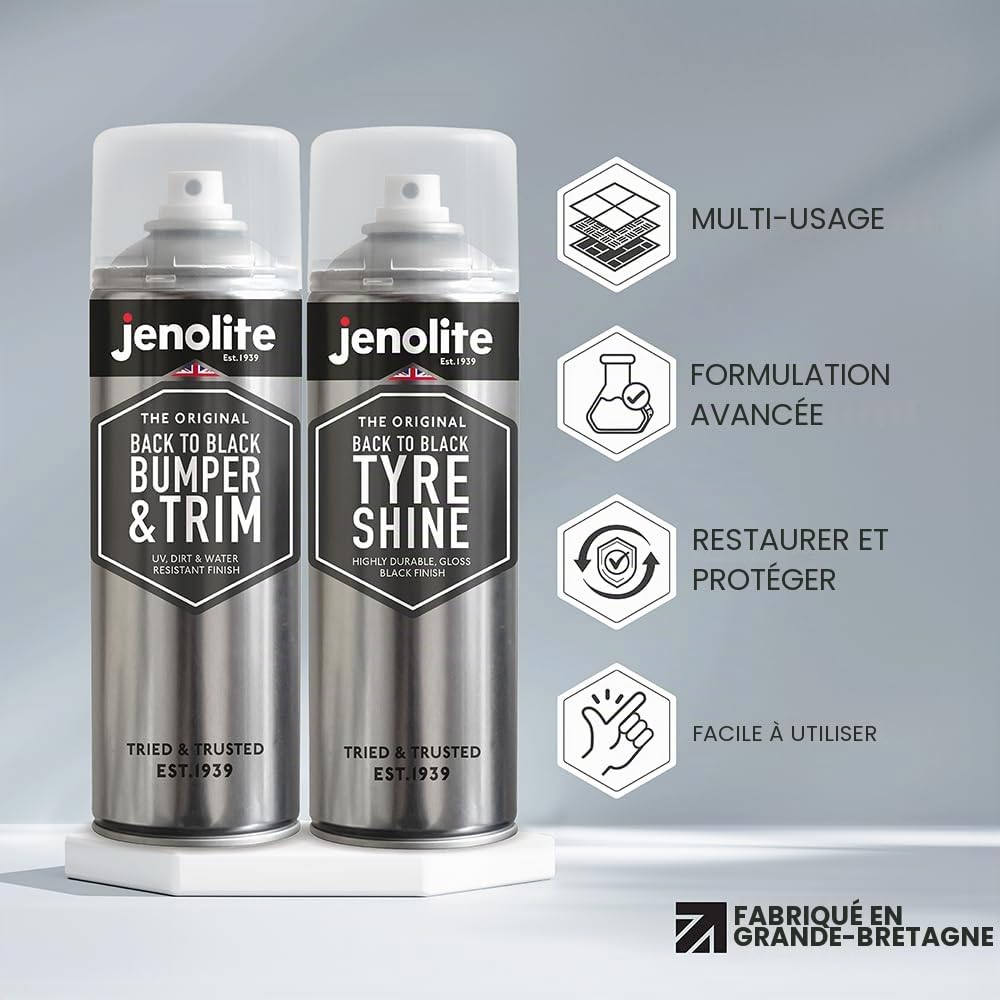 JENOLITE Back to Black Lot de 2 aérosols | Pare-chocs et garnitures + brillance des pneus | Restaure et protège les pare-chocs, garnitures et pneus décolorés | 2 x 500 ml