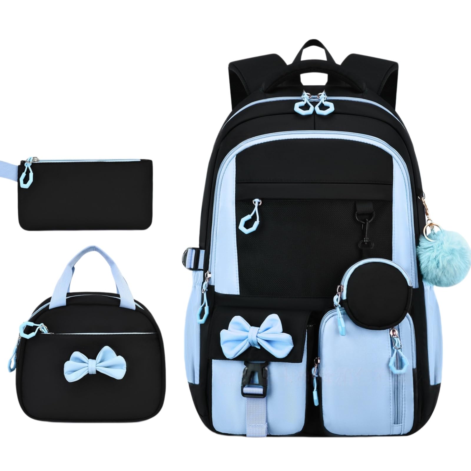 Mädchen Rucksack Set 3-Teilig, Schulrucksack Mädchen Kawaii mit Schleife, Schulranzen für 5. bis 7. Klasse, mit Lunch Tasche und Mäppchen, für Schule, Alltag und Reise (Azul-Set)