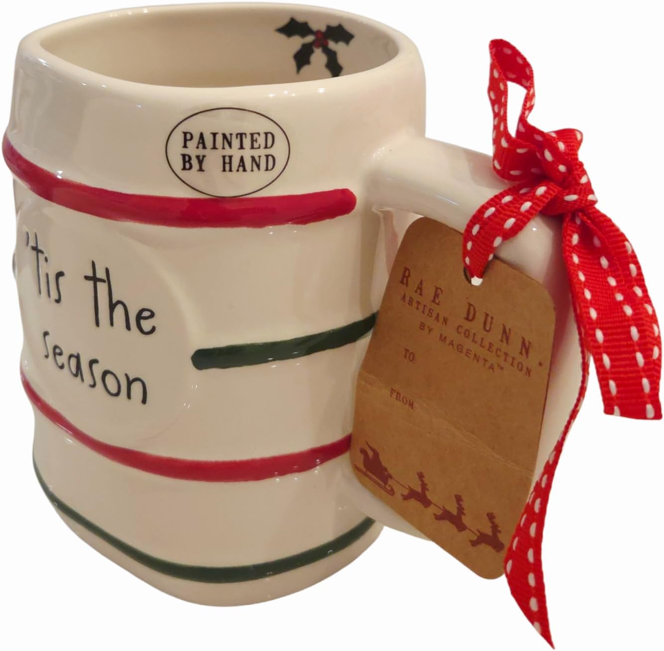 Rae Dunn 'Tis The Season Ceramic Christmas Coffee Mug. Handpainted Holiday Mug with red and green stripes.