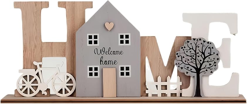 Wooden Home Letters with Farmhouse Village Scene - 12 Inch Rustic Wood Word Sign, 3D Cottage Decor with Fence, Tree & Bicycle for Mantel, Shelf, Entryway Table Wood