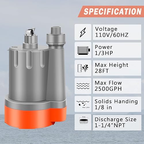 Miniatura 3 de Bomba de agua sumergible, bomba de sumidero portátil de bajo nivel de succión de 2500 GPH para drenaje de piscinas, bomba de cubierta de piscina con