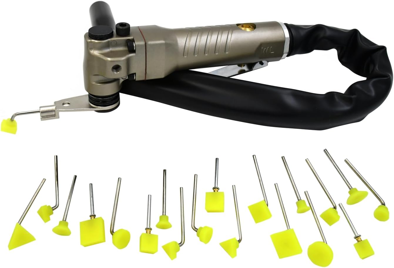 High-Speed Oscillating Air Sander Kit, 90° Right Angle Pneumatic Polisher with 20 Multi-Shaped Buffing Heads & 3PCS A4 Sandpaper for CNC Marks Removal & Metal Smoothing