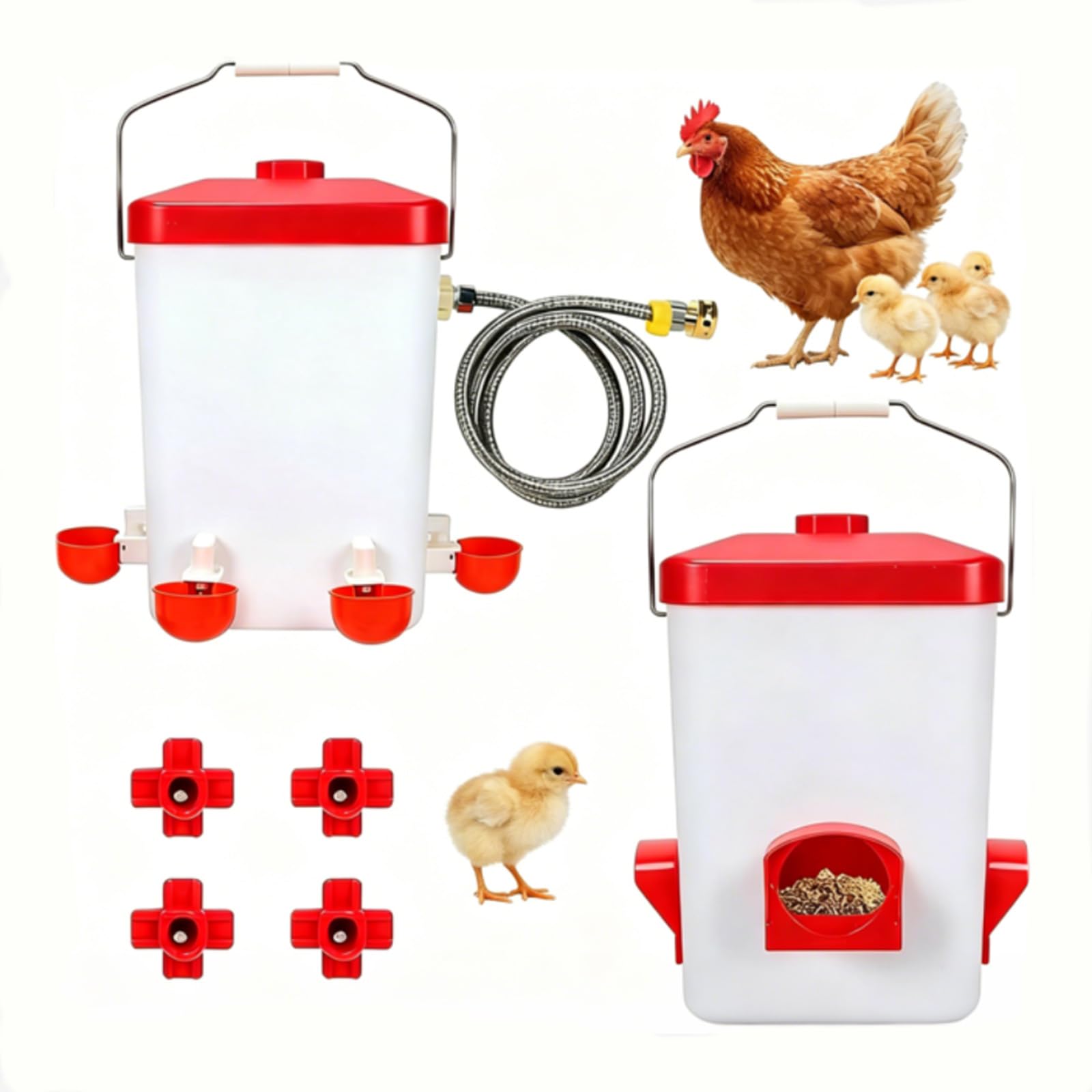 Bebedero para aves de corral y comedero, blanco y rojo, con manguera de riego y accesorios de montaje