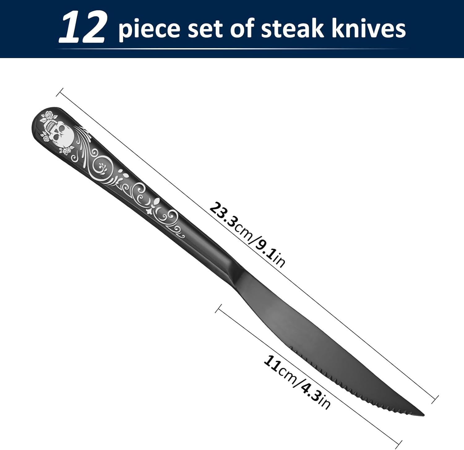 52 Piece Skull Pattern Matte Silverware Set with Steak Knife for 8, Black Flatware set Service for 8,Gothic Unique Skull Pattern Design,18/0 Stainless,Satin Finish Cutlery for 8,Dishwasher Safe