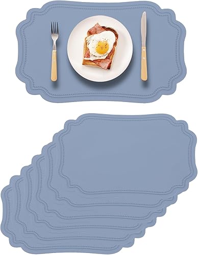 XINYUN Juego de 6 manteles individuales de cuero sintético azul para mesa de comedor, lavables, resistentes al calor, antideslizantes, impermeables,