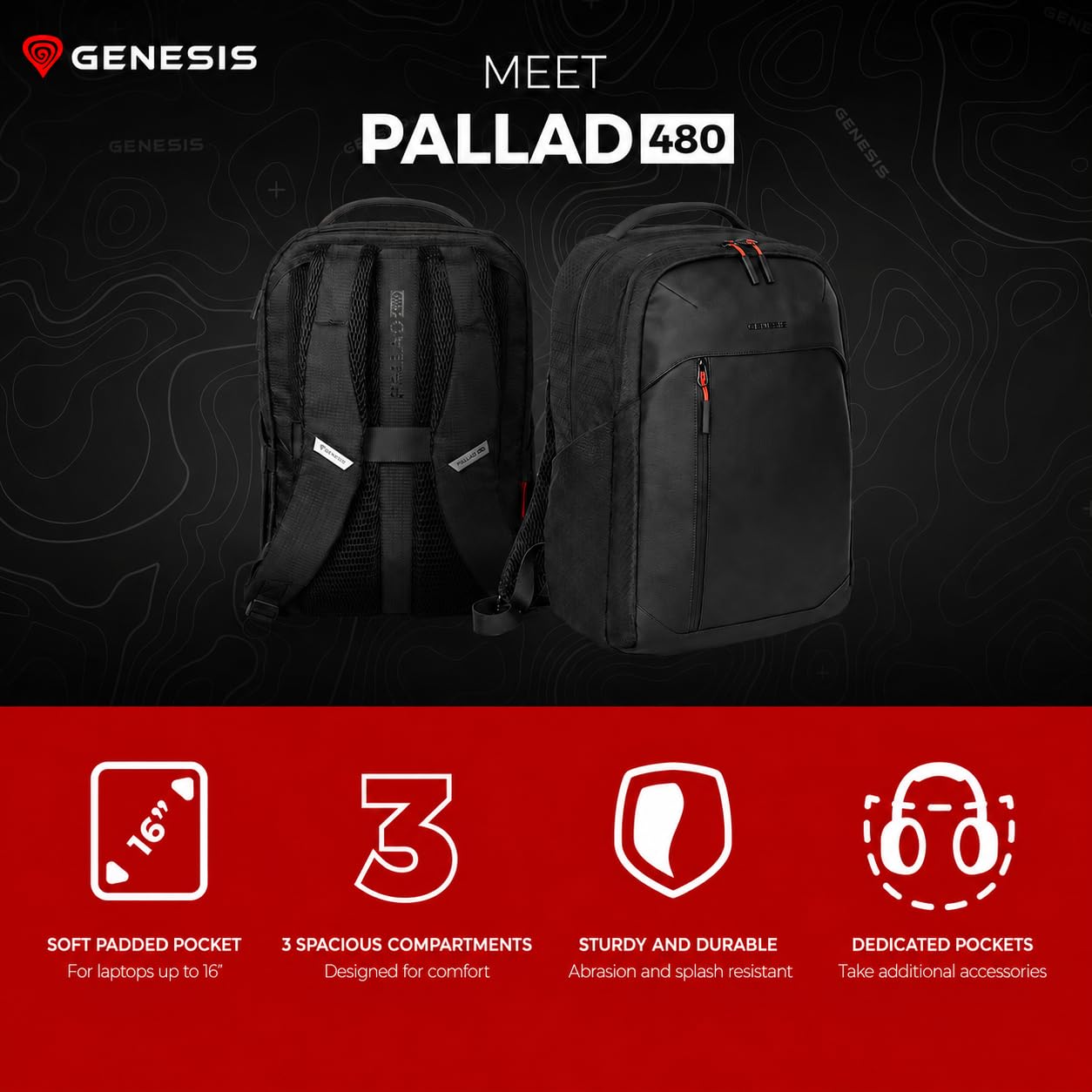 Genesis Pallad - Borsa per computer portatile da gaming da 14,1 a 17,3 pollici, scomparto per computer portatile, zaino per università, scuola, lavoro, studio, borsa impermeabile e cerniera, Nero, 30