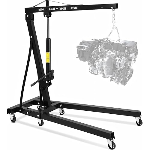 2 Ton Engine Hoist, 4400 Lbs Folding Hydraulic Cherry Picker, Heavy-Duty Shop Crane with 6 Caster Wheels, 4 Adjustable Boom Positions, for Warehouse, Garage and Workshop, Black