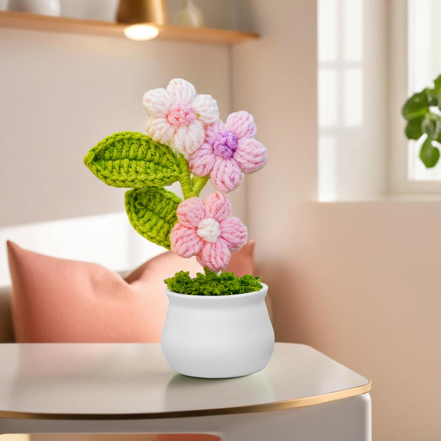 Nostrae by Ekhasa Cute Cherry Blossoms Planter Car Dashboard Flower Vase Knitted Flowers with Flowers for Table Office Home Decor Crochet Flower Bouquet