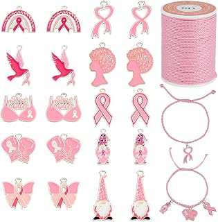 PH PandaHall 20pcs Breast Cancer Awareness Charms 10 Styles Pink Ribbon Pendants Enamel Dangle Charm Bulk Alloy Breast Cancer Hope Pendant with Waxed Cord for Women Bracelet Necklace Earring DIY Craft
