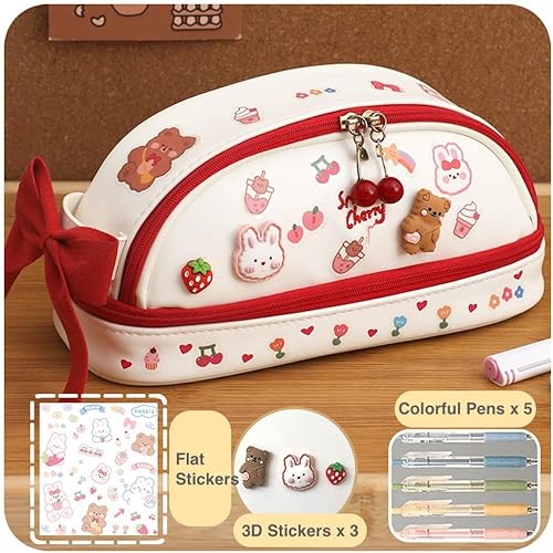 Miniatura 2 de JHTPSLR Estuche grande Kawaii con calcomanías 3D y 5 bolígrafos Kawaii, estuche con cremallera, impermeable, de piel sintética, organizador de