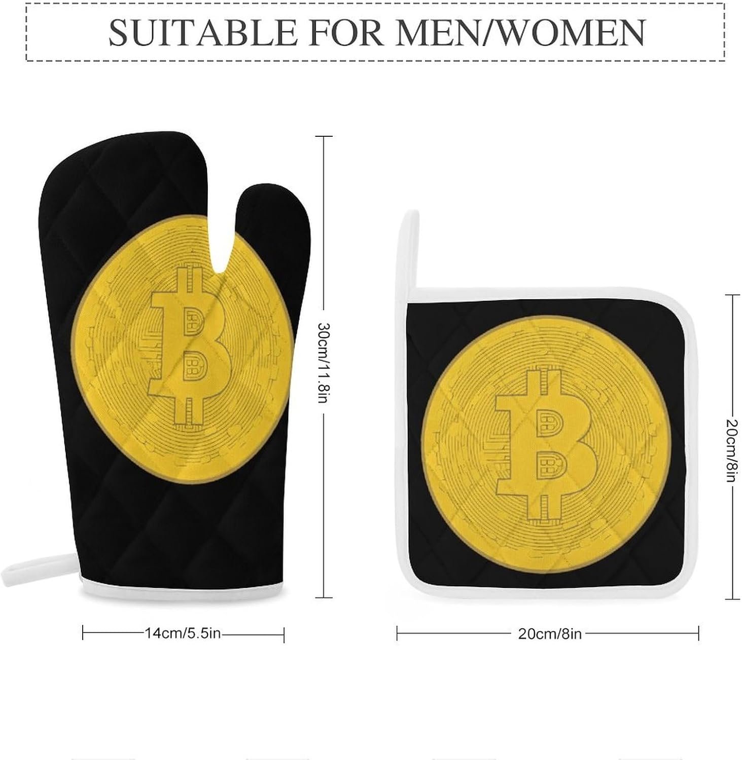 Bitcoin Prints Artwork 4 Pcs Oven Mitts and Pot Holders Set High Heat Resistant Long Kitchen Oven Glove Potholders