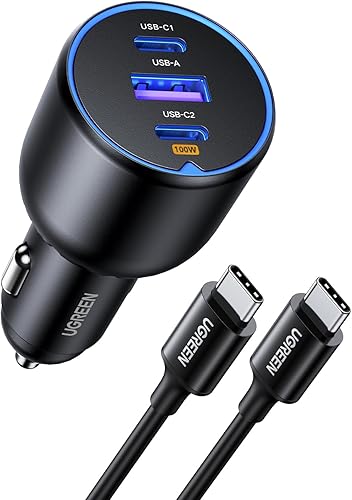 UGREEN Cargador de coche USB C de 130 W, PD 100 W + PD 30 W tipo C, cargador de coche de carga rápida compatible con iPhone 15 15 Plus 15 Pro 15 Pro