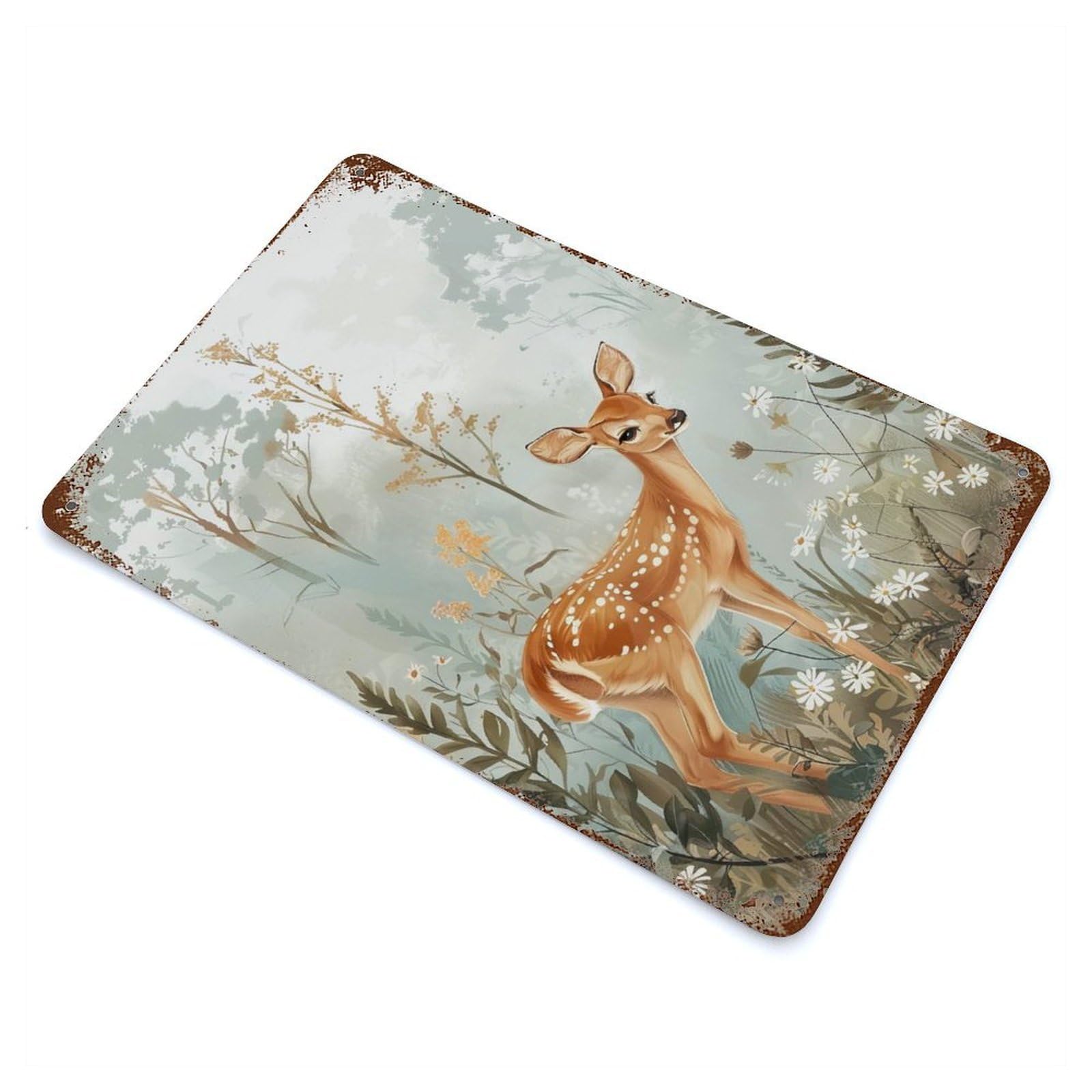 Rusty Metal Tin Sign with Fawn in Forest Design 11.8"x7.9", for Farmhouse, Kitchen And Entryway Decor, Rustic Home Decor