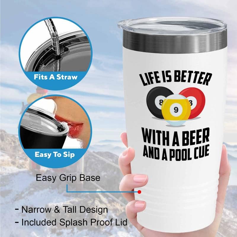 Billiards White Tumbler 20oz - beer and a pool cue - Pool Player Gifts Table Rail Balls Chalk Cue Sticks