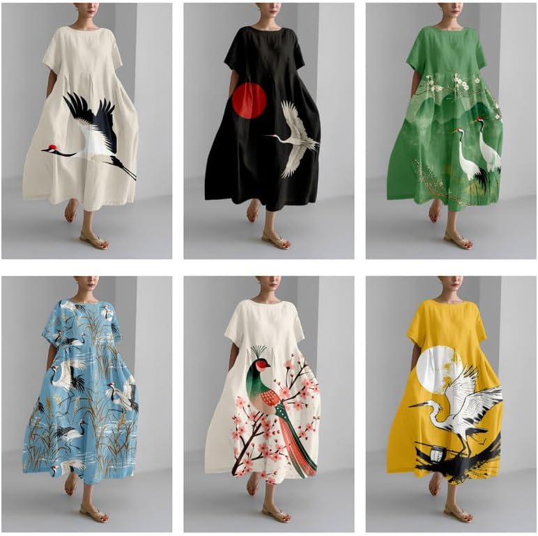 Women's Maxi Dress Casual Trendy Short Sleeve Crew Neck Japanese Art Plus Size T Shirts Dress - Image 3