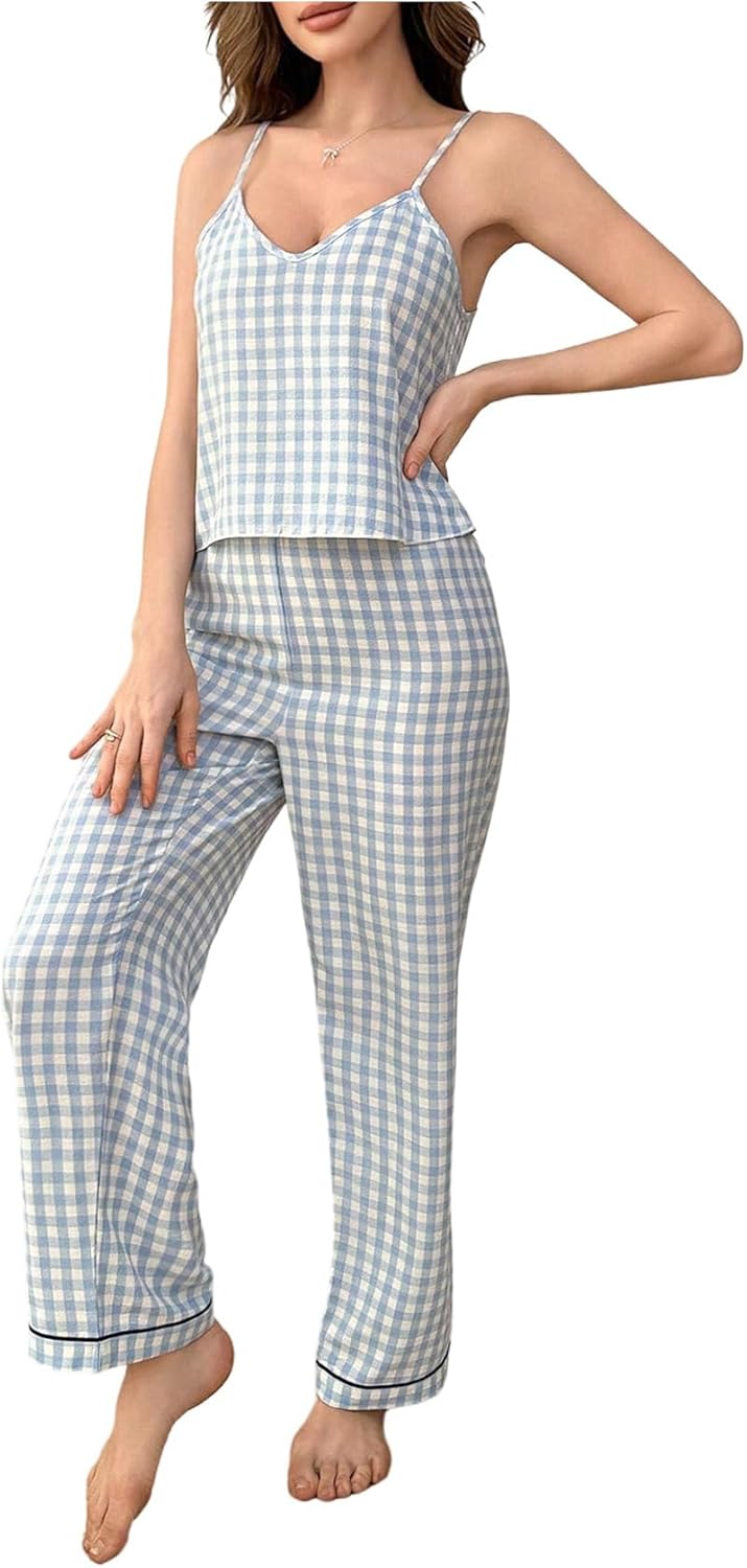 Floerns Women's Plaid Pajama Set Strap Crop tops with Long Pants V Neck Sleepwear
