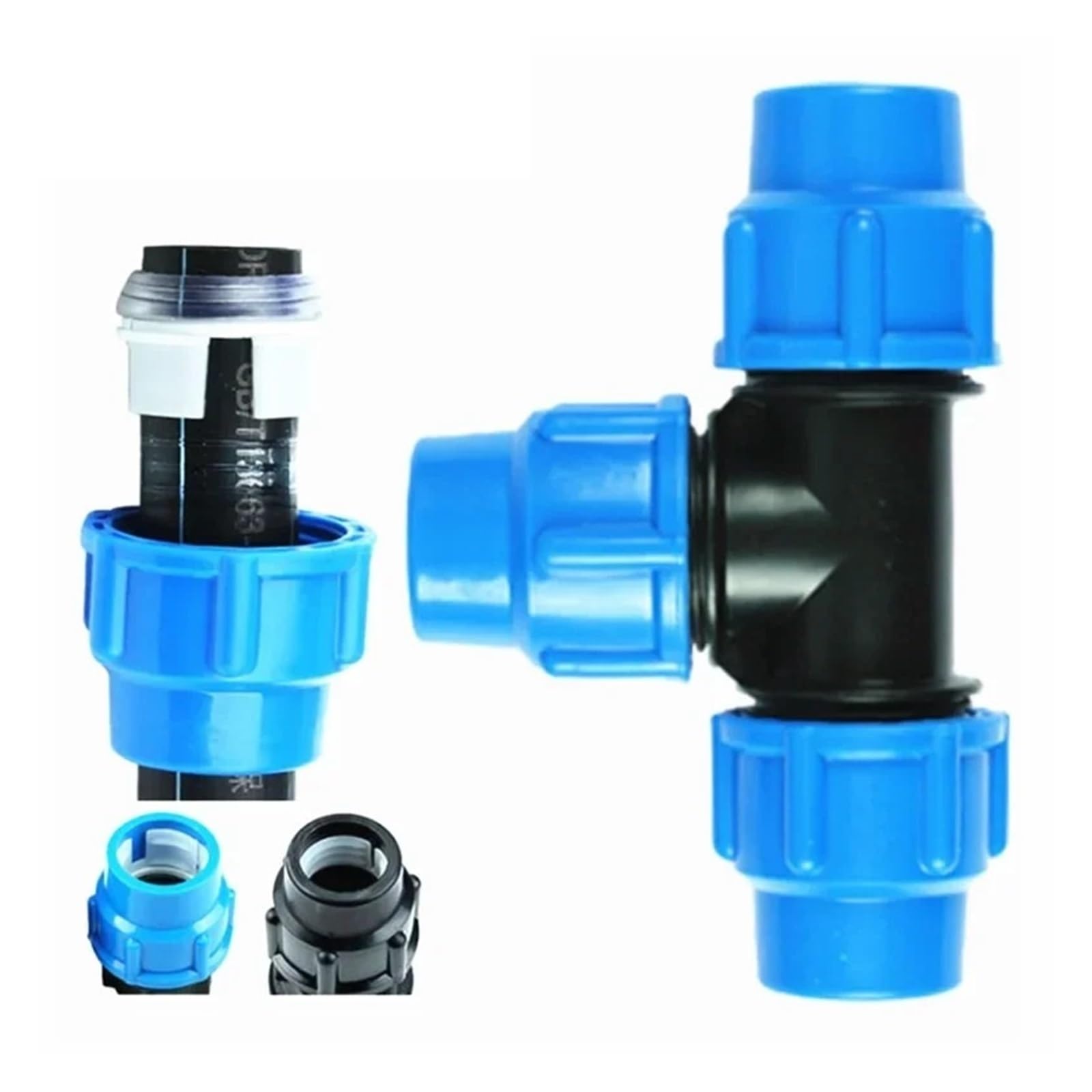 Accesorios de tubería de PE, accesorios de tubería de grifo de unión rápida de tres vías, conector de tubo de plástico de 16/20/25/32/40/50/63mm, riego de agua del grifo(Blue,63MM_METRIC)
