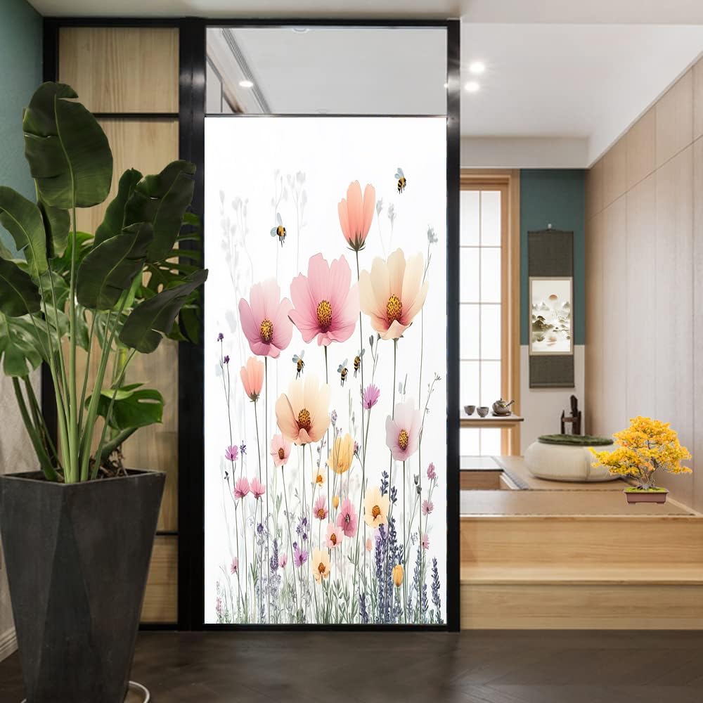 Minimalist Flowers Window Privacy Film Watercolor Wildflowers Plants Stained Glass Window Film Decorative Window Sticker for Home Window&Glass Door, Sun Blocking 35.4Wx55.1L inch