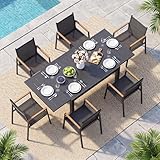 Oasbira Outdoor Aluminum Patio Dining Table Set for 6 Person, Expandable Outdoor Table and 6 Chairs with Textilene Fabric & HDPS Armrest, All-Weather Patio Furniture Set for Yard, Garden, Gray