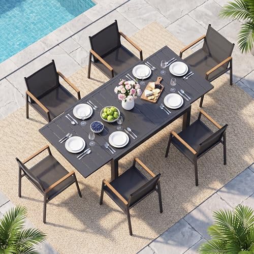 Oasbira Outdoor Aluminum Patio Dining Table Set for 6 Person Expandable Outdoor Table and 6 Chairs with Textilene Fabric & HDPS Armrest All-Weather Patio Furniture Set for Yard Garden Gray