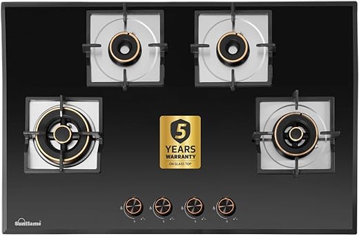 Sunflame 4 Burner Built-In & Countertop Flexi Hob 78 cm Wide | 5 Year Coverage on Glasstop by Sunflame | Brass Burners with Golden Ring Design |…