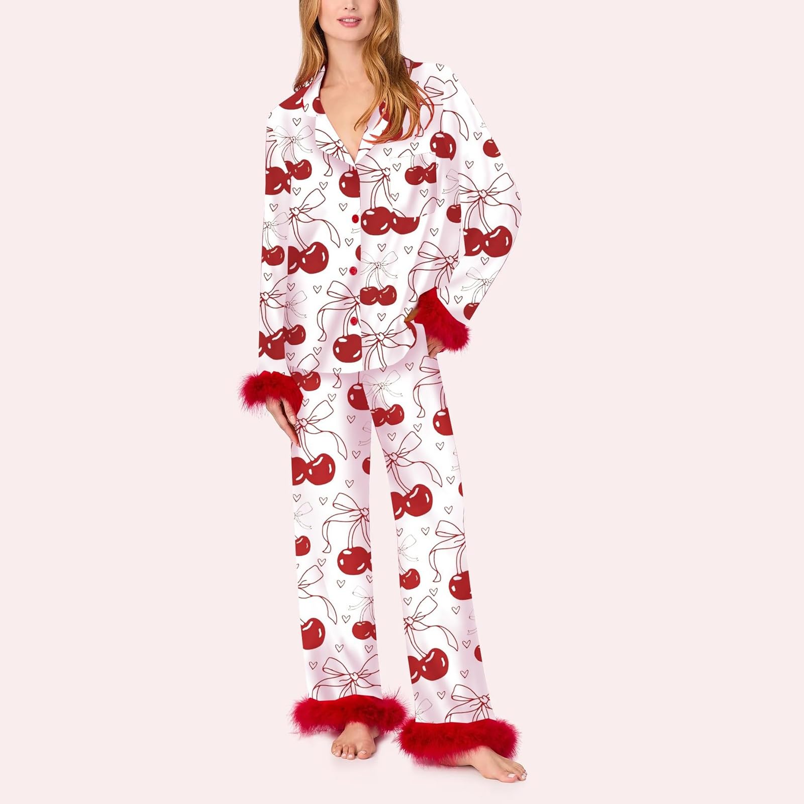Conjunto de pijama de seda para mujer con diseño de corazón y lazo, camiseta de manga larga y pantalones, ropa de dormir de 2 piezas, pijama de satén lujoso para mujer, estampado de corazón y
