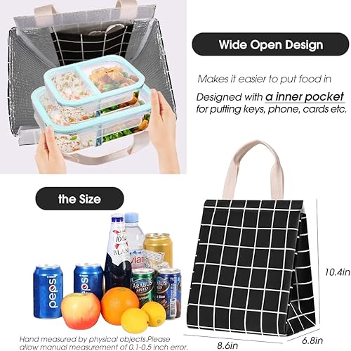 Miniatura 3 de HOMESPON Lonchera reutilizable con aislamiento, tela de lona con papel de aluminio, bolsa de almuerzo para mujeres, hombres, oficina (cuadros negros)