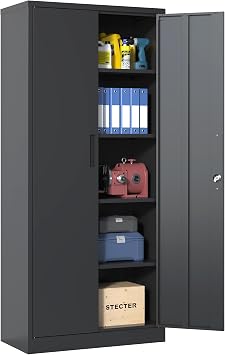 IKIMI 180 x 80 x 40 cm Metal Cabinet with 2 Doors and 4 Adjustable Shelves Multi-Purpose Cabinet with Lock Filing Cabinet Steel Storage Cabinet Black Tool Cabinet for Garage Office Living Room