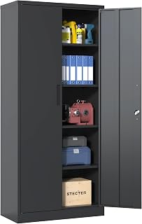 IKIMI 180x80x40cm Metallschrank mit 2 Türen und 4 Verstellbare Einlegeböden,Mehrzweckschrank mit Schloss,Aktenschrank,Stahl-Aufbewahrungsschran Schwarzer Werkzeugschrank für Garage Büro,Wohnzimmer