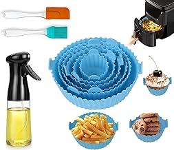 6 Pcs Silicone Air Fryer Liners | Reusable Non Stick Tray Pot Basket Mould Baking Oven | Replacement for Parchment Paper | Includes Oil Sprayer Bottle, Silicone Brush & Spatula Set