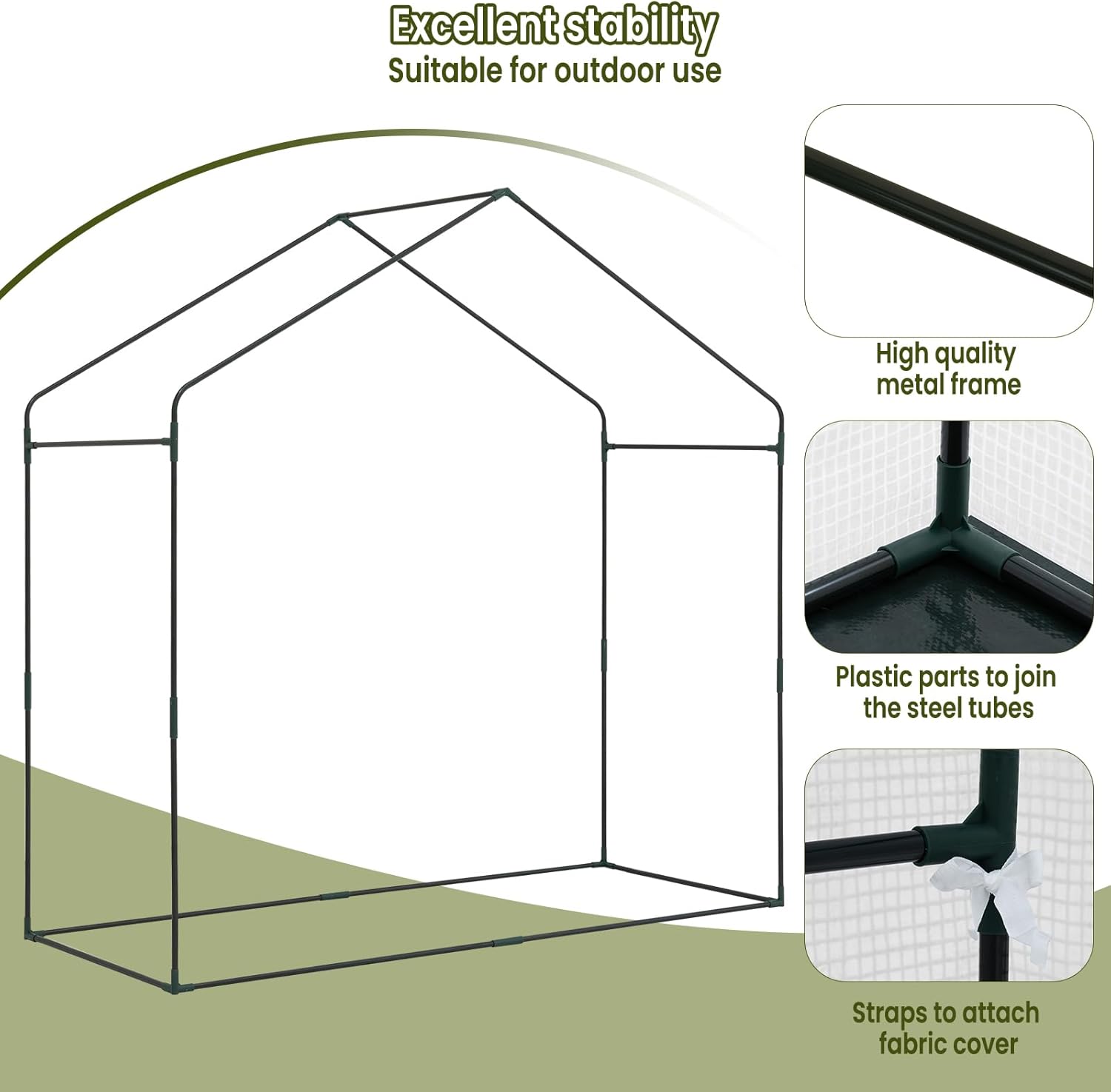 Diagram illustrating the high-quality metal frame, plastic connectors, and fabric attachment straps, highlighting the greenhouse's stability.